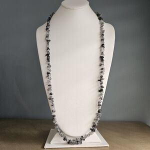 Vintage Black Tourmaline Quartz Boho Necklace Stone Chips Beaded Long 34-inch